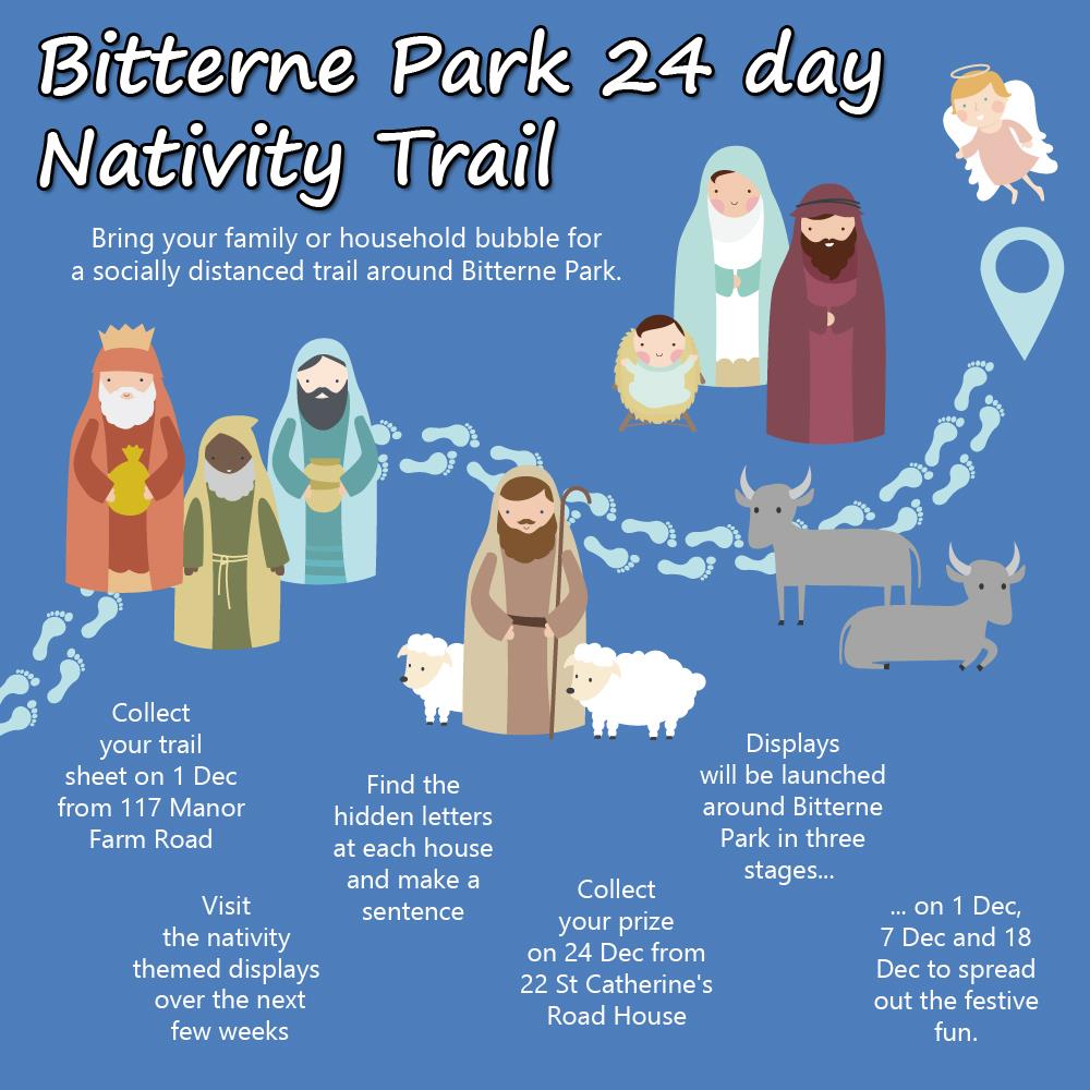 May be an image of text that says 'Bitterne Park 24 day Nativity Trail Bring your family or household bubble for socially distanced trail around Bitterne Park. Collect your trail sheet on Dec from 117 Manor Farm Road Find the hidden letters at each house and make a sentence Displays will launched around Bitterne Park three stages... Visit the nativity themed displays over the next few weeks Collect your prize on 24 Dec from 22 atherine Road House Dec, 7 Dec and 18 Dec spread out the festive fun.'